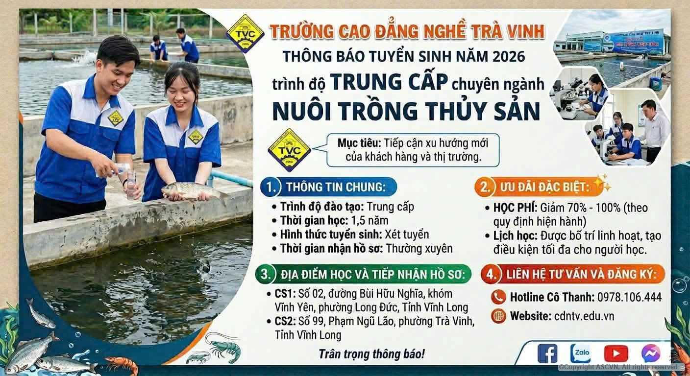 (TVC) Tuyển sinh ngành, nghề Nuôi trồng thủy sản năm 2026